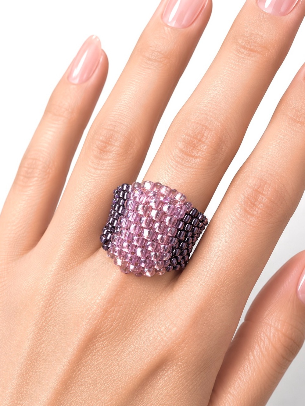 Handmade Pink/Purple Seed Beaded Boho Stretchy Ring Sz 10